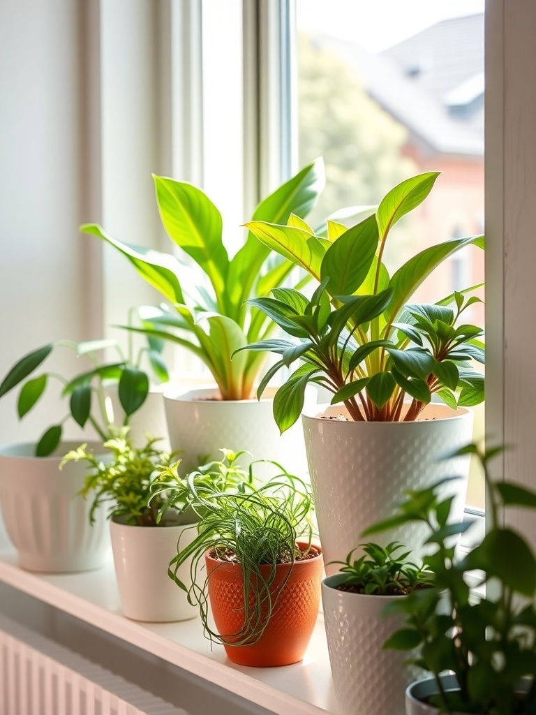 A collection of houseplants in ceramic planters on a windowsill