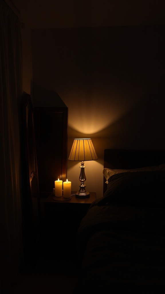 A moody bedroom with a lamp and candles providing soft lighting.