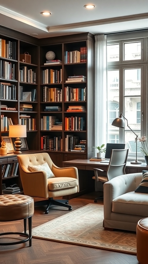 A cozy home office library featuring a yellow chair, a modern desk chair, and a stylish ottoman, surrounded by bookshelves.