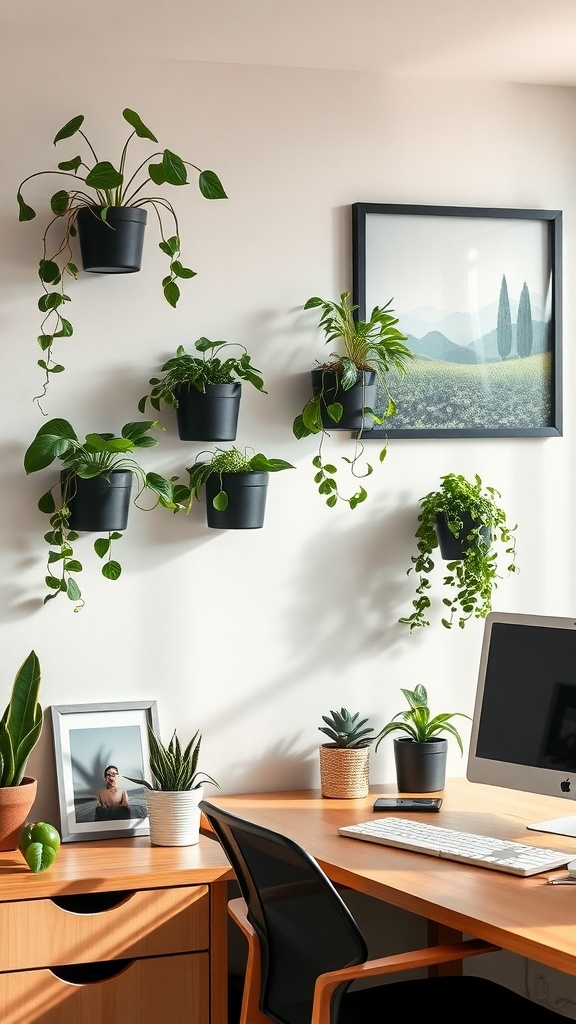 A home office with wall-mounted plants and a framed landscape picture, showcasing nature-inspired decor.