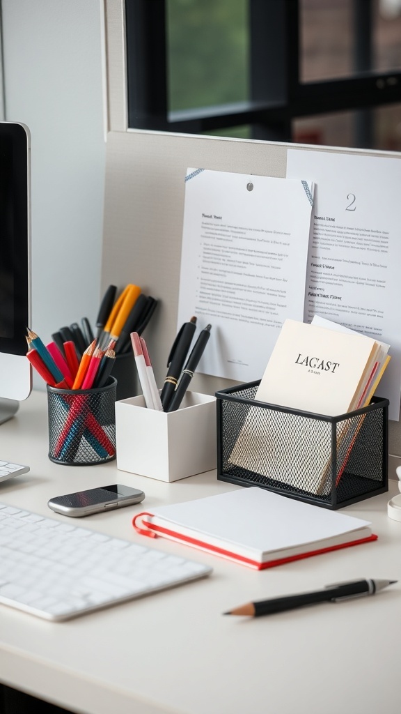A neatly organized desk featuring colorful pen holders, a black mesh organizer for documents, and a simple white container for small items.