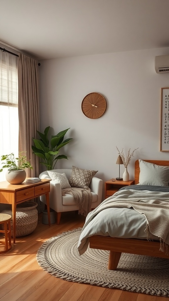 A cozy bedroom featuring wooden furniture, plants, and soft textiles, creating a serene atmosphere.