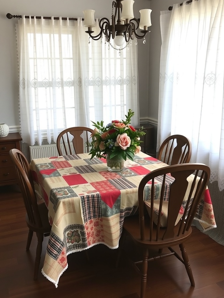 A dining table with a patchwork tablecloth, wooden chairs, and a floral centerpiece in a bright room.