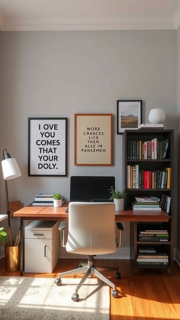 A modern home office featuring inspiring wall art and a cozy workspace.