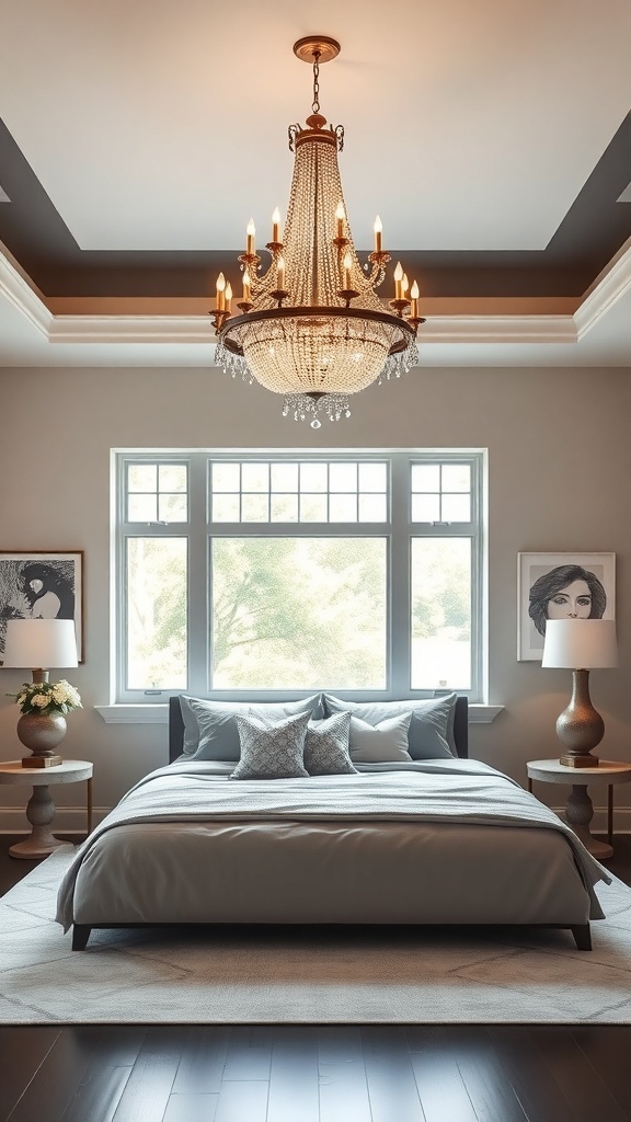 A beautifully decorated master bedroom featuring a stunning chandelier and matching bedside lamps.