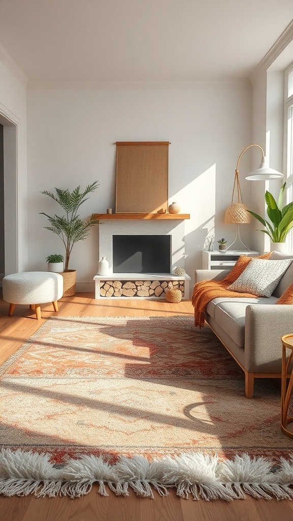11 Cozy Home Decor Must-Haves for a Warm and Inviting Space 7 Cozy living room with layered rugs, featuring a fireplace and comfortable furniture.