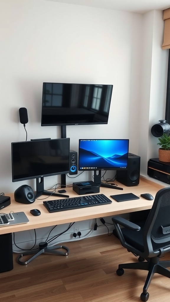 A modern home office setup with dual monitors, speakers, and a comfortable chair.