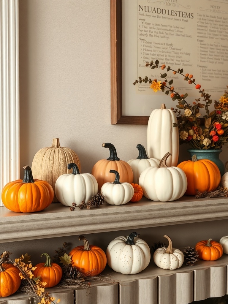 15 Cozy Fall Home Decor Ideas to Transform Your Space 5 A collection of decorative pumpkins in various colors and sizes displayed on a mantel with autumn decorations.