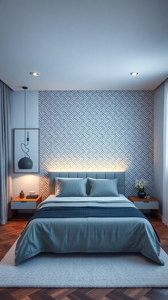 A modern bedroom featuring a geometric patterned accent wall, stylish bed, and warm lighting.