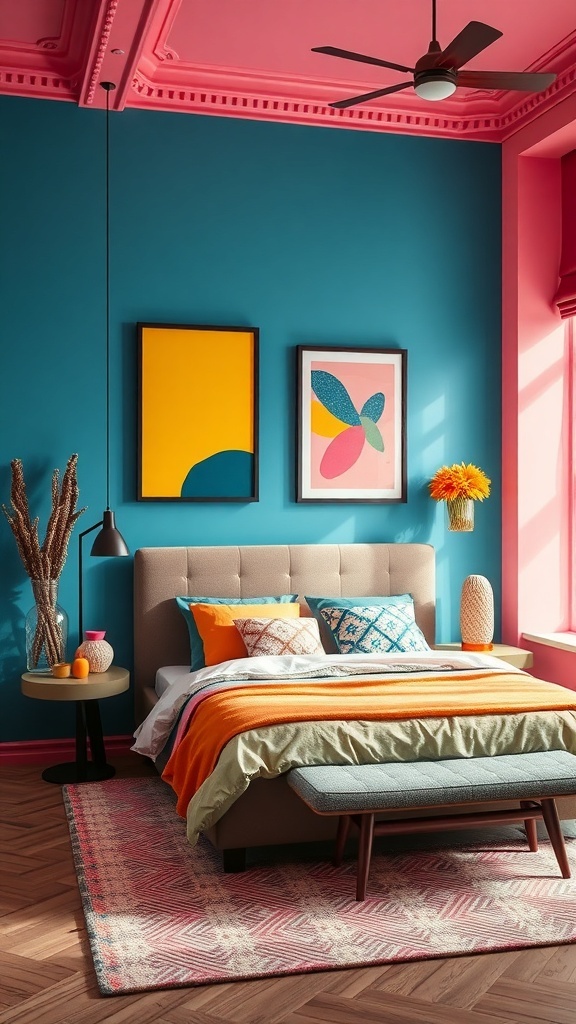 A vibrant bedroom featuring bold blue walls, a pink ceiling, colorful artwork, and a mix of bedding colors.