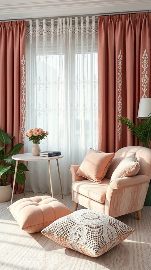 A cozy home office corner featuring peach curtains, a plush armchair, and decorative cushions.