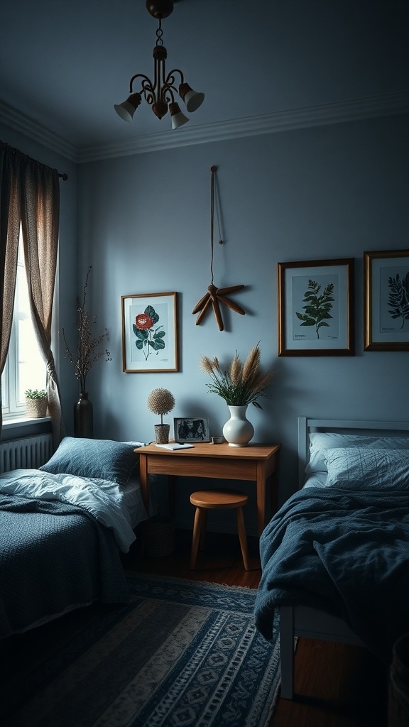 A cozy dark academia bedroom featuring nature-inspired decor with botanical prints and warm wooden furniture.