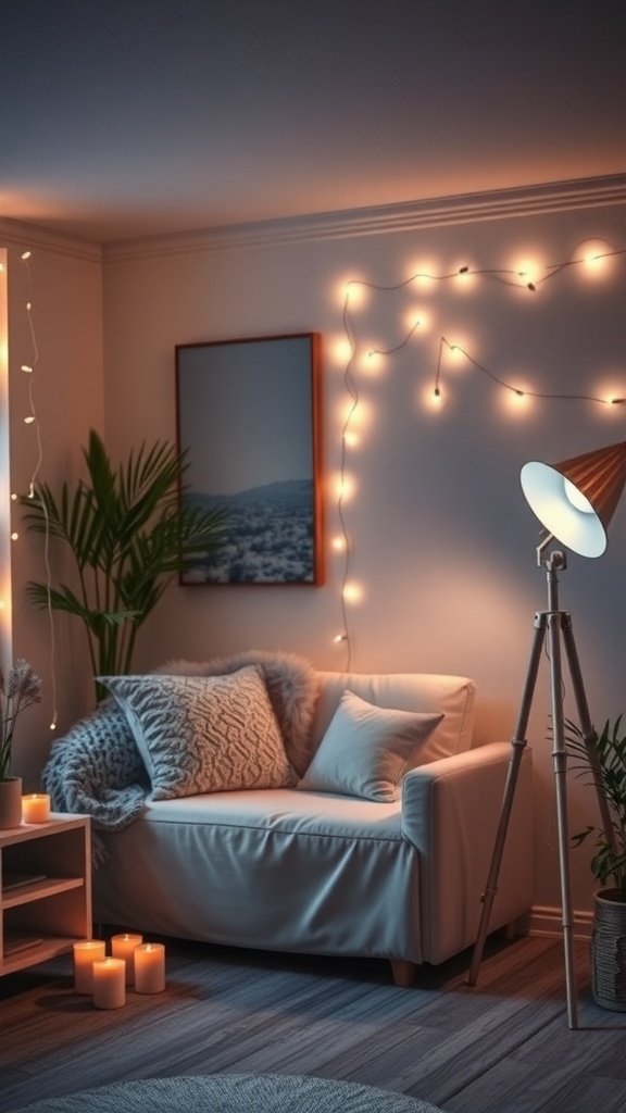11 Cozy Home Decor Must-Haves for a Warm and Inviting Space 6 Cozy living room corner with ambient lighting, featuring a couch, pillows, candles, and a floor lamp.
