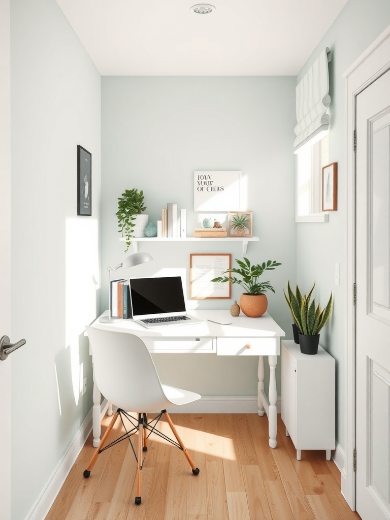 A small home office with light green walls, a white desk, and plants, creating a calm and productive workspace.
