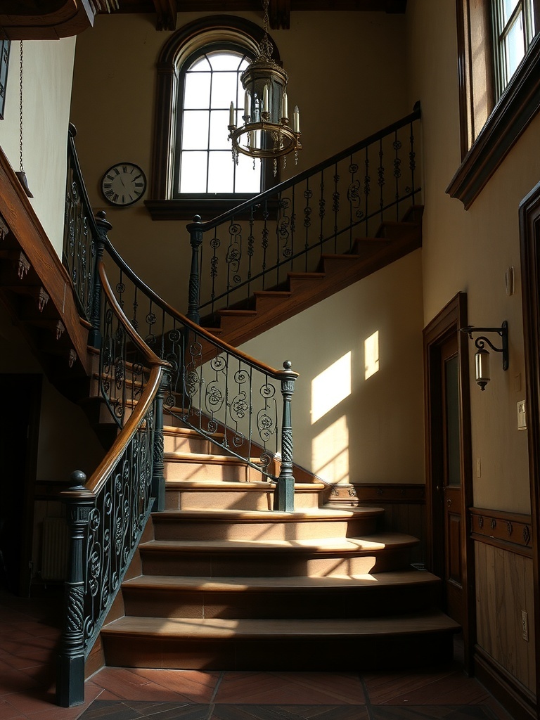 16 Unique Gothic Western Home Decor Finds 6 A staircase featuring intricate wrought iron railings and wooden steps, illuminated by natural light.