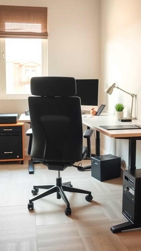 A modern home office featuring an ergonomic chair and a spacious desk with natural light.