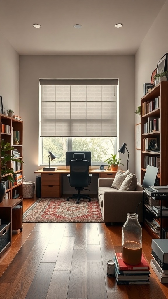 A cozy home office with a desk, chair, bookshelves, and natural light.