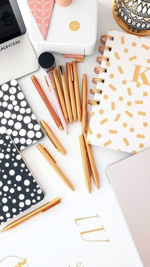 A collection of stylish office supplies including golden pens, patterned notebooks, and a chic planner arranged on a desk.