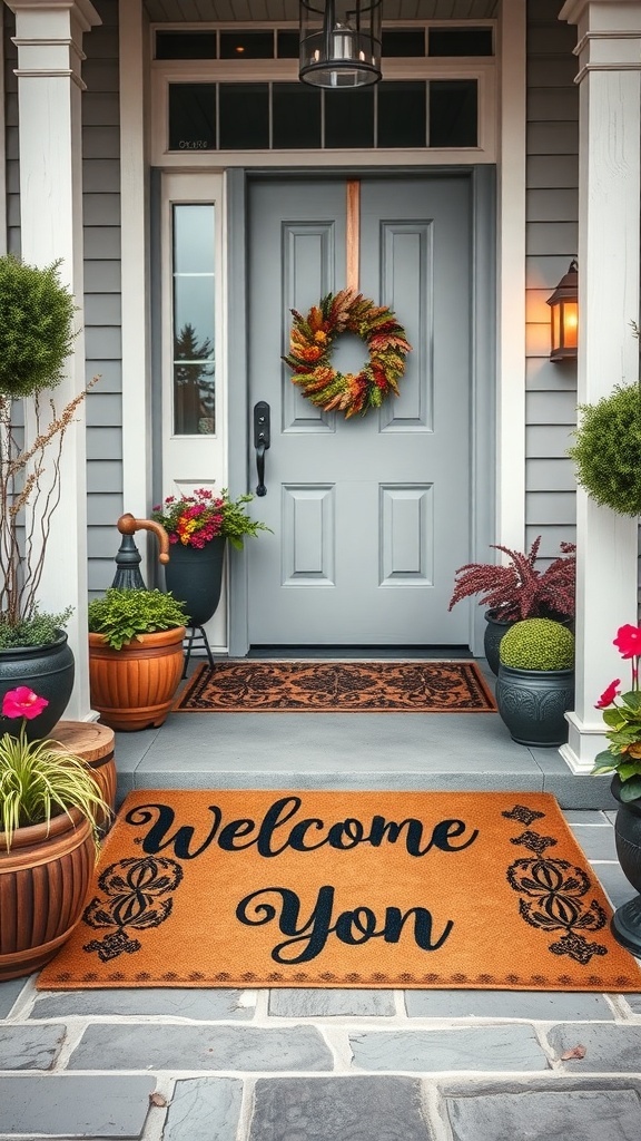 A charming entryway with a welcome mat that reads 'Welcome Yon', surrounded by plants and a wreath.