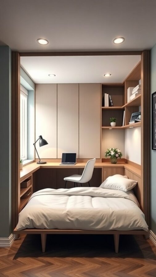 Compact home office with a Murphy bed, desk, and shelving.