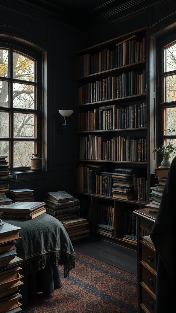 A vintage-inspired bedroom with dark walls, a large bookshelf filled with books, and a cozy bed.