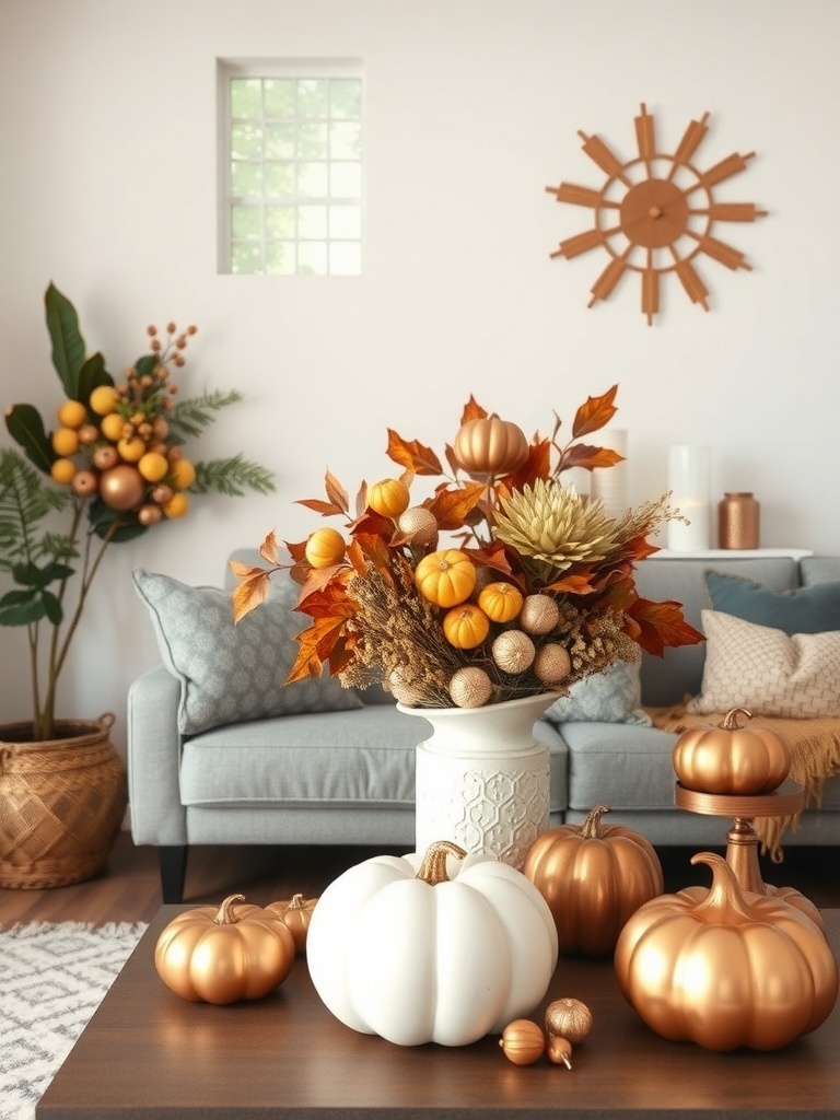 15 Cozy Fall Home Decor Ideas to Transform Your Space 11 A cozy living room decorated for fall with metallic pumpkins and floral arrangements.