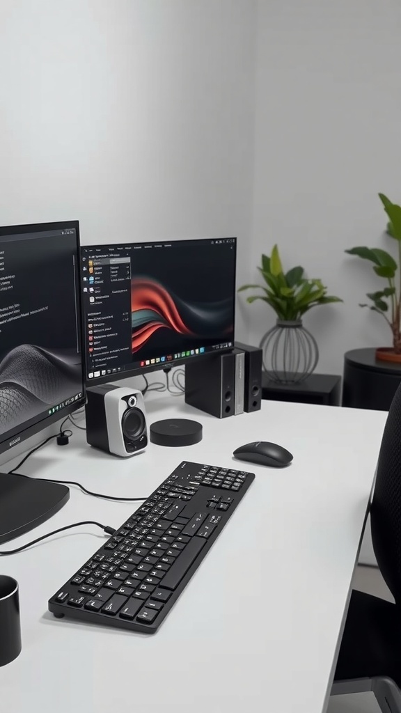 A modern male home office setup featuring dual monitors, a keyboard, mouse, and plants.
