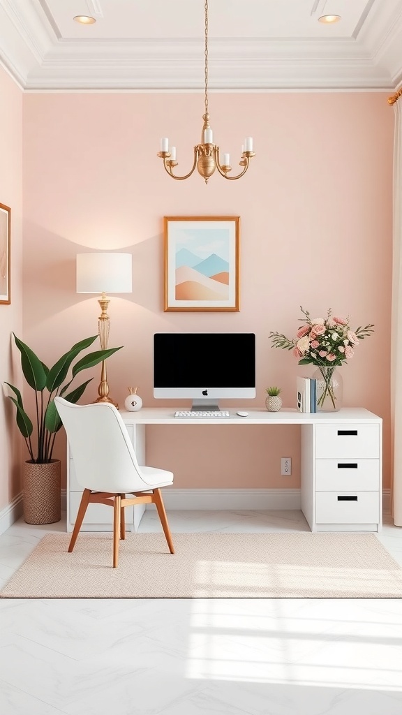 A feminine home office with pink walls, white desk, and elegant decor.