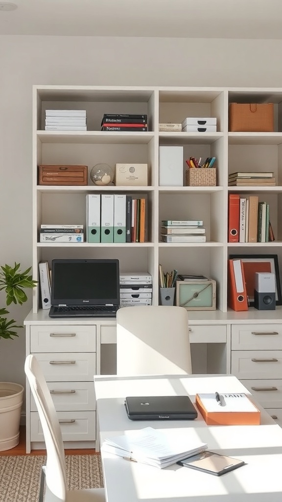A well-organized home office with a desk, shelves, and storage boxes.