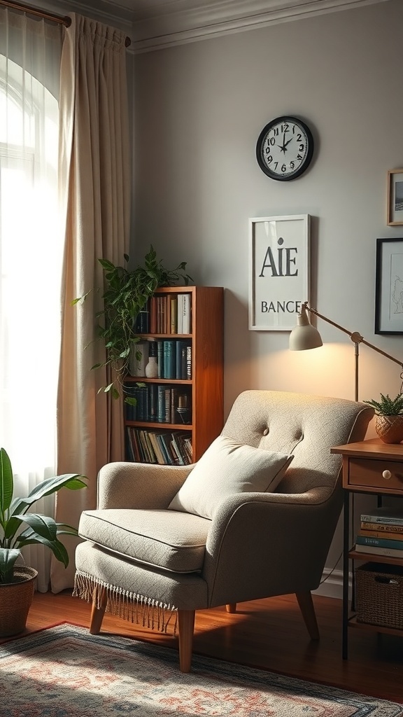 Cozy reading nook with an armchair, bookshelf, and plants