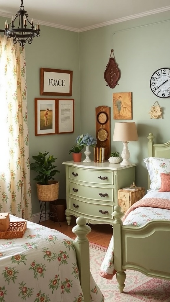 A cozy sage green bedroom featuring vintage furniture, including bedside tables and a dresser, adorned with framed artwork and a small round stool.