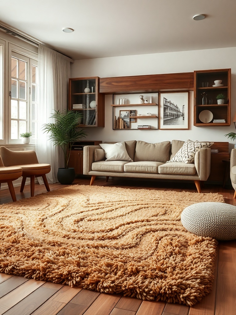 15 Cozy Fall Home Decor Ideas to Transform Your Space 7 A cozy living room with a textured rug, a sofa, and wooden furniture.