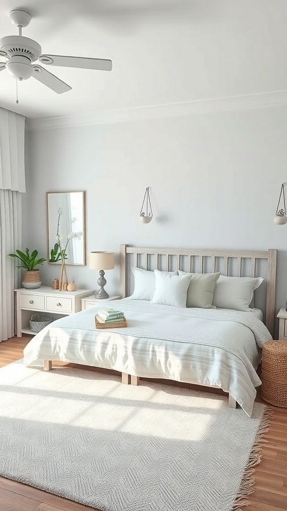 A serene bedroom with coastal decor featuring light colors, wooden furniture, and natural textures.