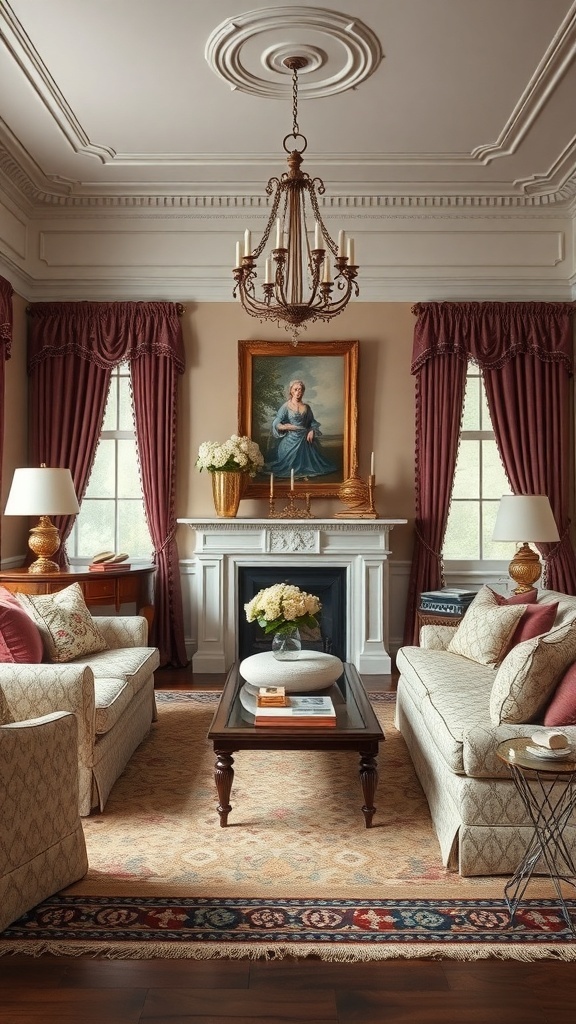 A classic elegant living room with plush sofas, a chandelier, and artwork above the fireplace.