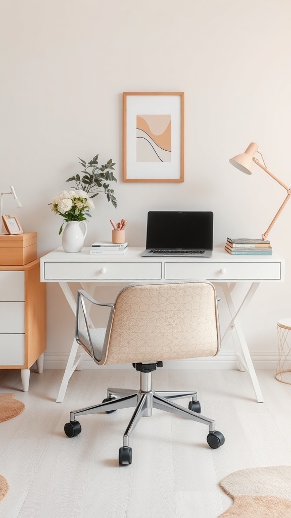 A feminine home office featuring a stylish office chair, a white desk, and decorative elements.