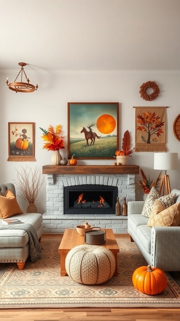 Cozy fall living room with seasonal artwork and decor