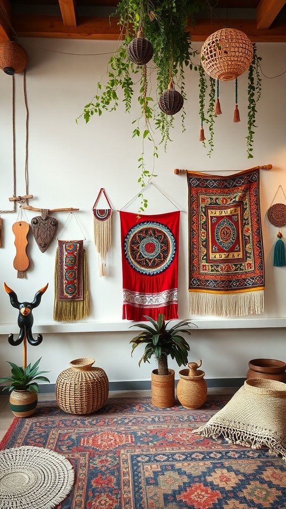 12 Trendy Home Decor Ideas for Millennials 7 A cozy room featuring colorful wall hangings and tapestries, with plants and woven decor.