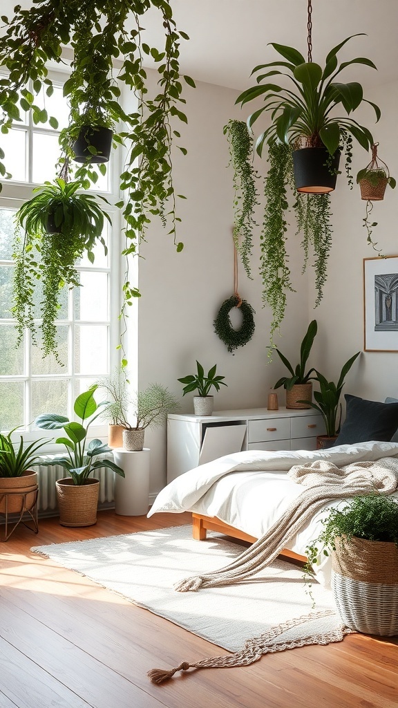 A master bedroom filled with various indoor plants, including hanging and potted greenery, creating a fresh and inviting atmosphere.