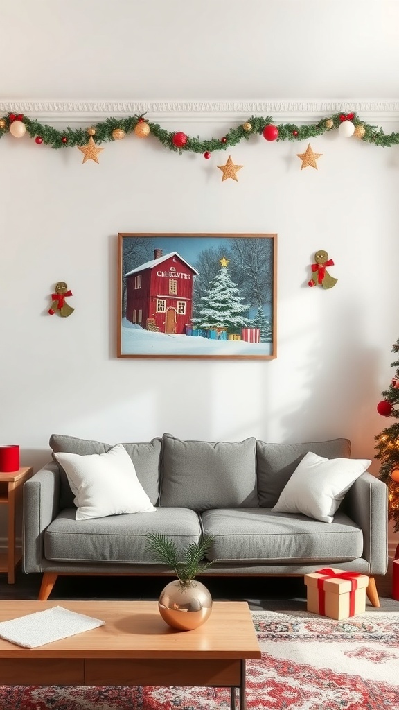 A cozy living room decorated for Christmas with a festive wall art display featuring a red barn and Christmas tree.