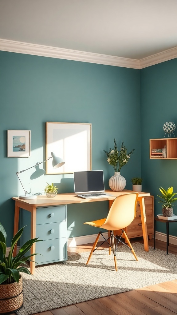 11 Inspiring Home Office Decor Ideas to Boost Your Productivity 2 A bright home office with teal walls, a wooden desk, an orange chair, and plants.