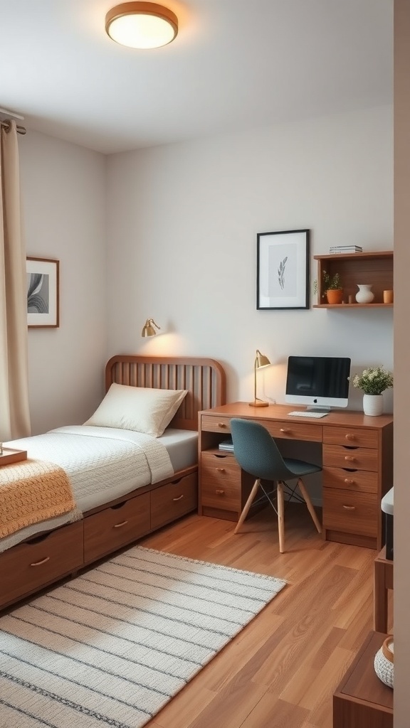 A cozy small bedroom featuring a bed with storage drawers, a compact desk, and warm wooden tones.