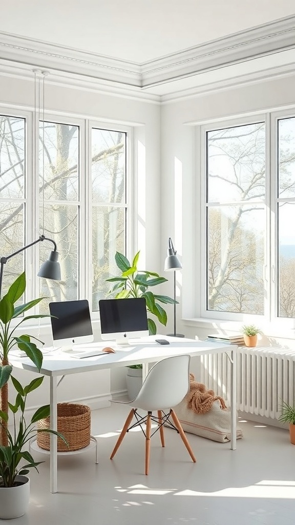 A bright home office with large windows, plants, and a modern desk setup.