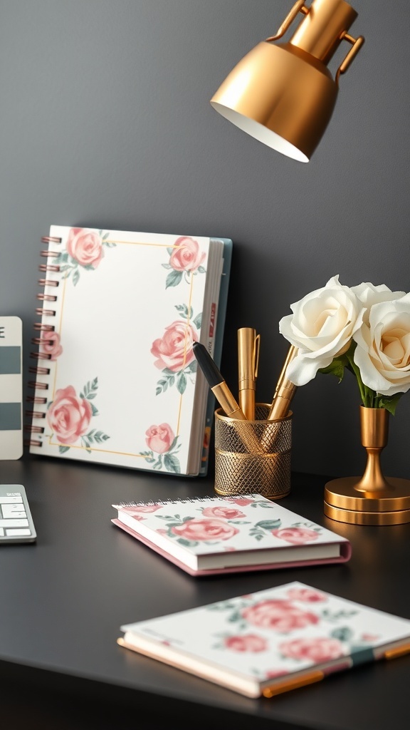 A feminine home office desk with floral notebooks, a gold lamp, and a pen holder.