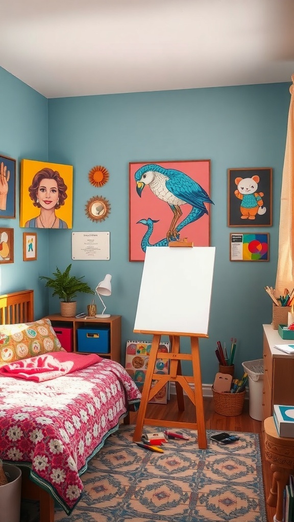 A colorful teen boy bedroom featuring creative wall art, an easel, and a cozy bed.