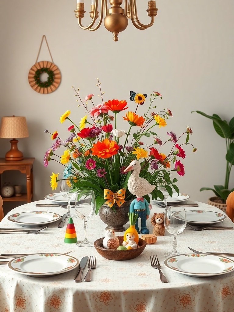 14 Whimsical Home Decor Items to Spark Your Imagination 4 A colorful table centerpiece featuring flowers, a wooden duck figure, and playful decorations.