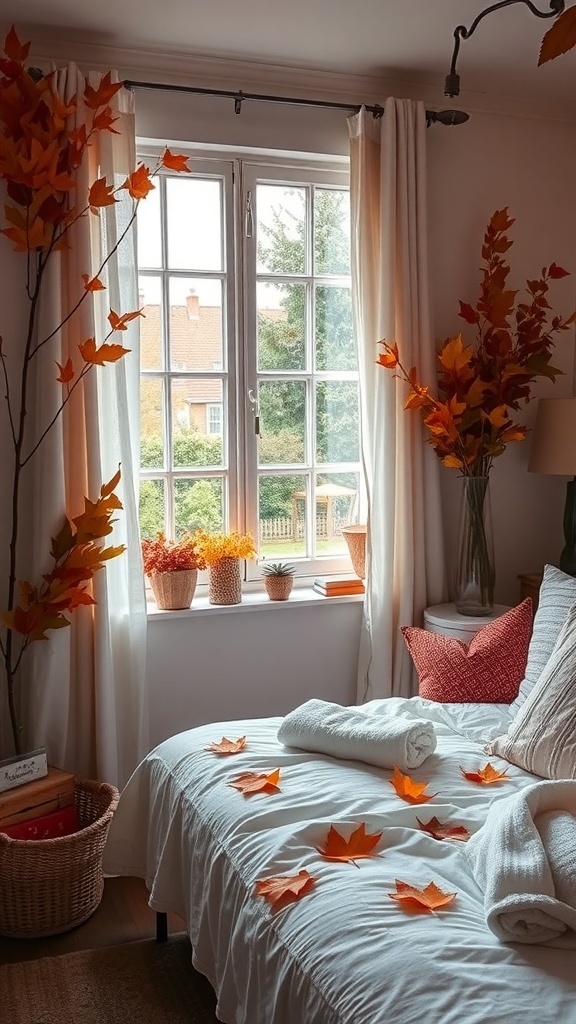 A cozy bedroom with autumn decor, featuring orange leaves on the bed and in pots by the window.