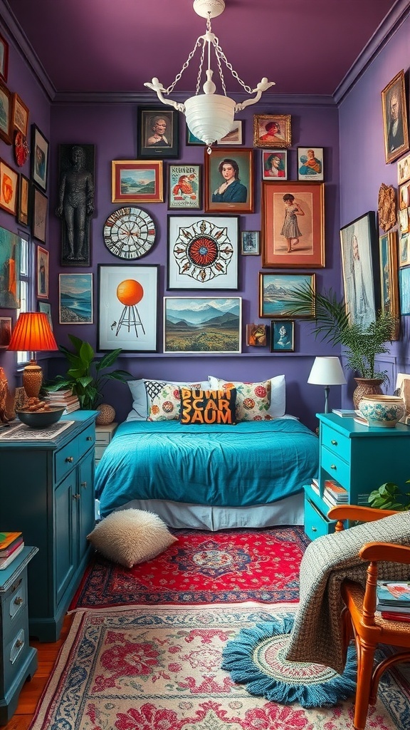 A cozy eclectic bedroom featuring purple walls, a gallery wall of art, turquoise bedding, and a patterned rug.