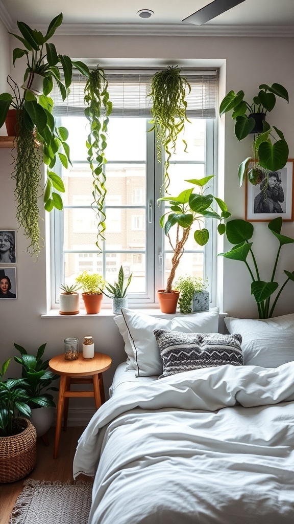 A cozy teen boy bedroom filled with various plants, showcasing an urban jungle theme.