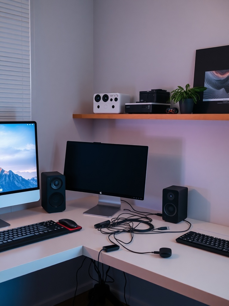 A modern home office setup featuring two monitors, speakers, and a keyboard on a clean desk.