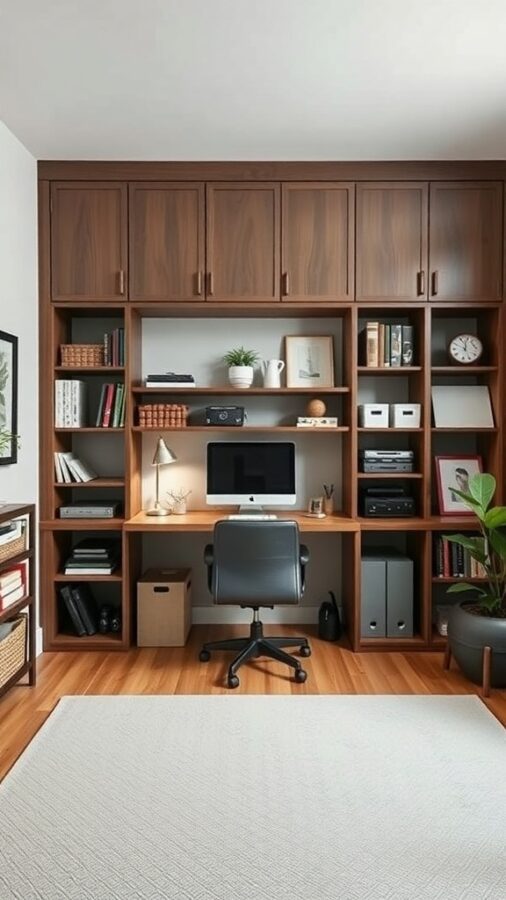 A stylish home office with wooden shelves, a desk, and a comfortable chair, showcasing efficient organization.